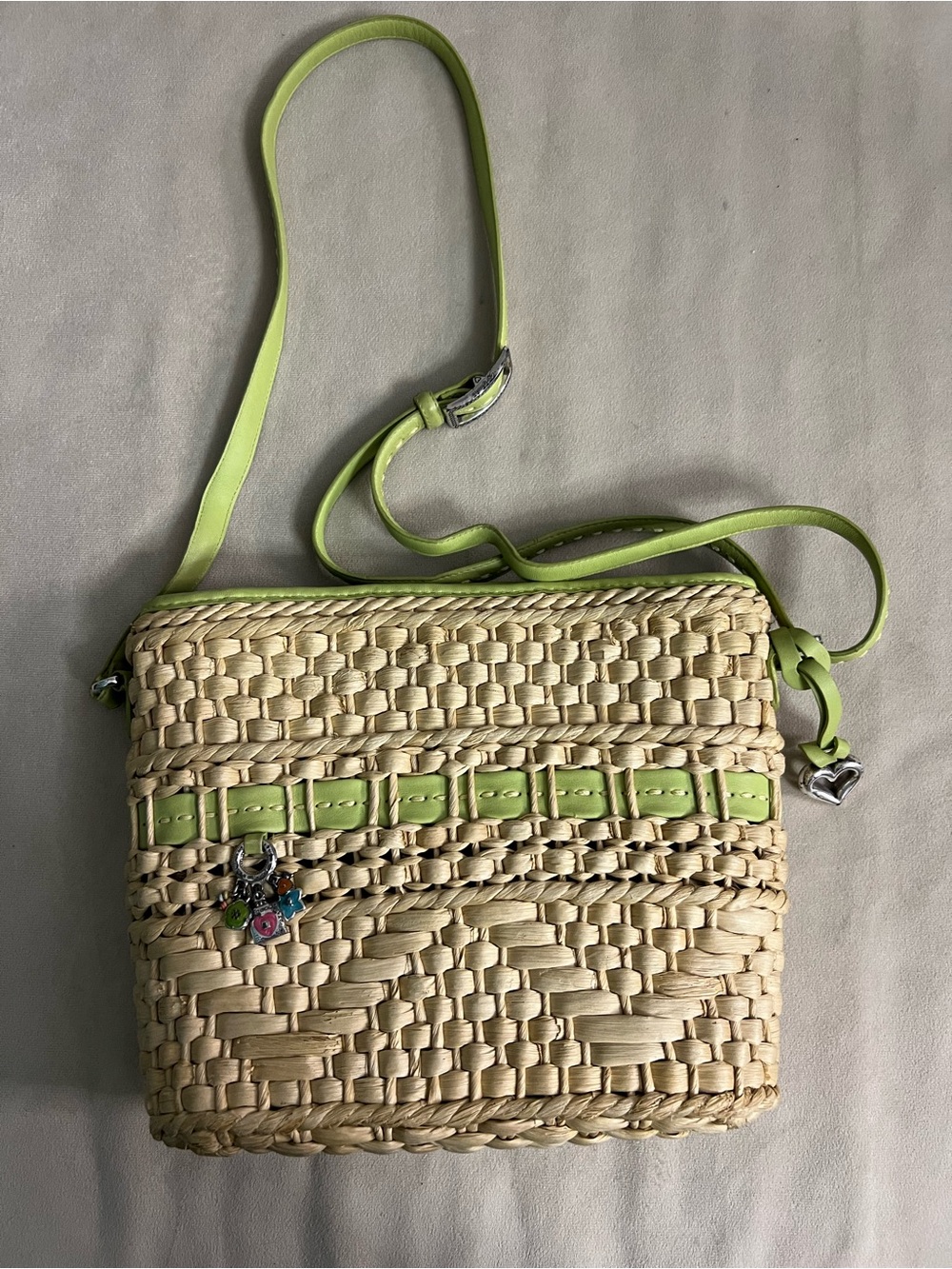 💚 Brighton Straw Woven Crossbody Bag Lime Green Leather Charms Y2K